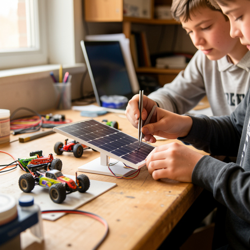 Véhicules miniatures de course solaire installés sur une table de travail, avec des panneaux solaires ajustés avec minutie dans un esprit de projet pédagogique.
