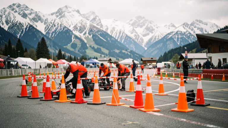 Piste de course RC temporaire sécurisée à l’aide de barrières et de protections, avec un décor alpin en Savoie ou Haute-Savoie, lumière naturelle et ambiance documentaire.
