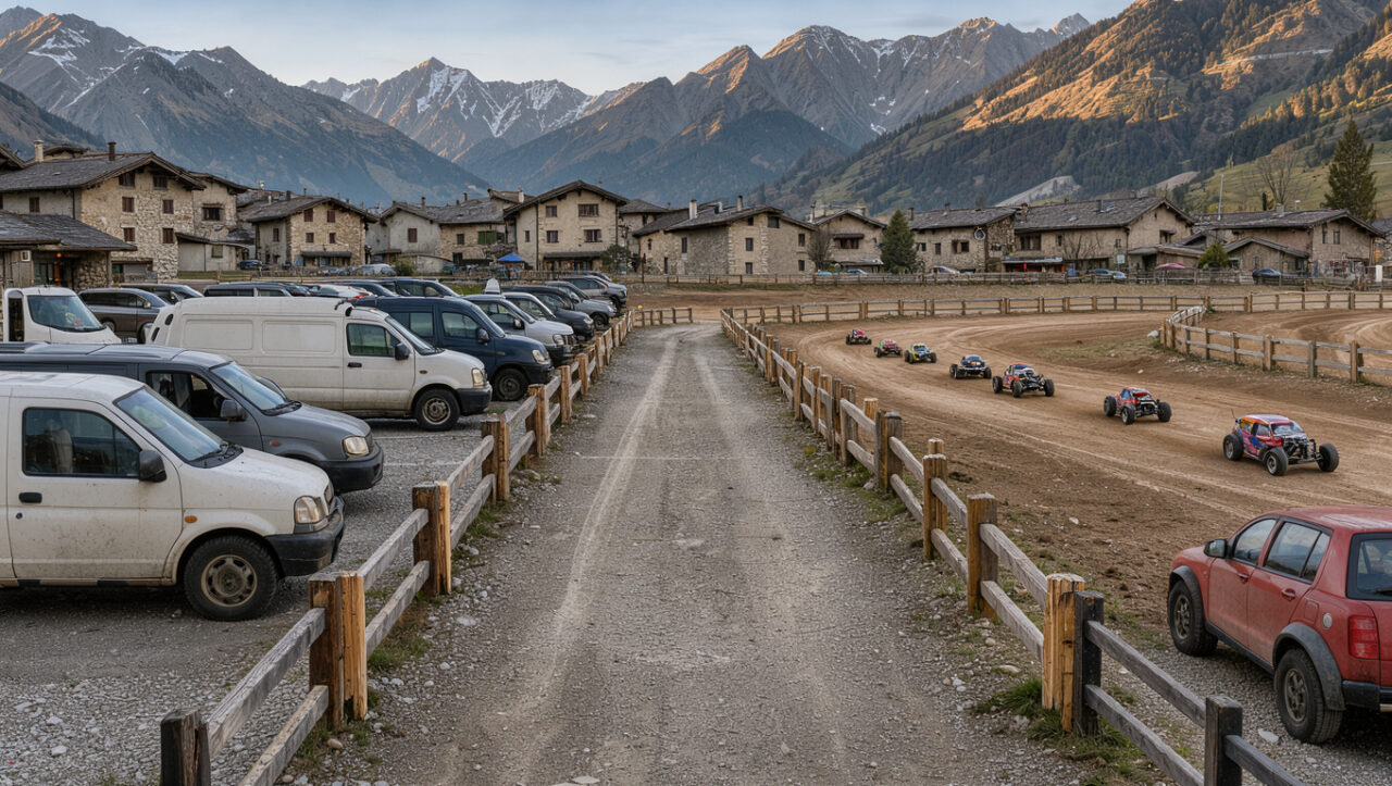 Aire de stationnement organisée près d’un circuit de voitures radiocommandées, avec une voie d’accès dégagée et les montagnes de Savoie en arrière-plan.