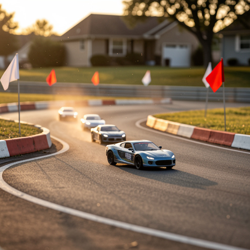 Piste de course miniature avec voitures RC filant sur un circuit courbe, ambiance extérieure en lumière dorée et flou d’arrière-plan réaliste.