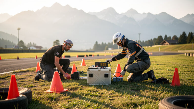 Installation d’une petite piste pour course RC sur un terrain en herbe, avec vérification de la sécurité, matériel de chronométrage portable et vue sur les montagnes alpines.