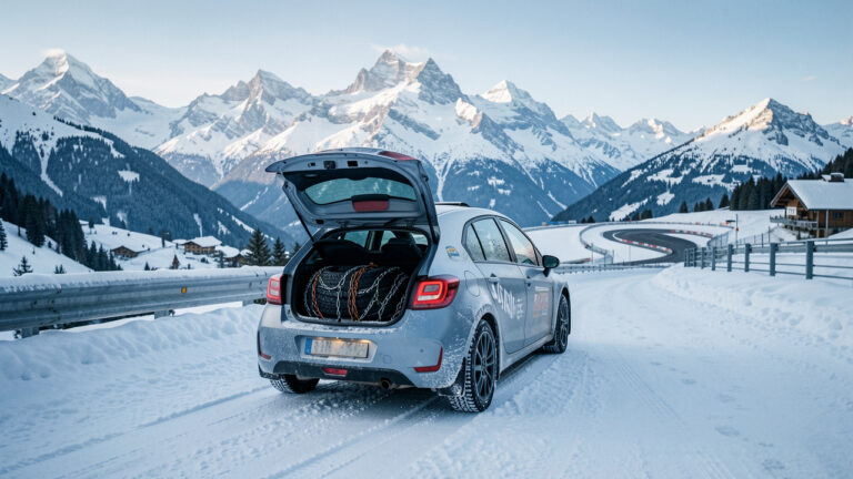 Voiture équipée de pneus hiver roulant sur une route enneigée de Savoie, avec des chaînes visibles dans le coffre et les montagnes alpines en arrière-plan.