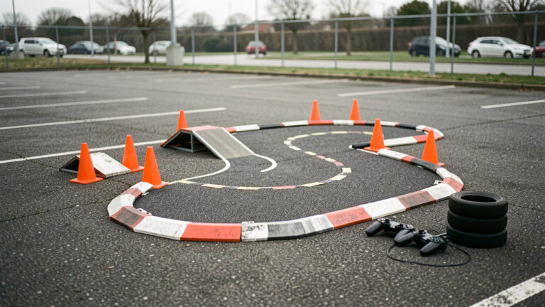 Mini-circuit RC temporaire installé dans un parking, avec des éléments de signalisation au sol, des rampes et des virages formant une piste pour une animation locale.