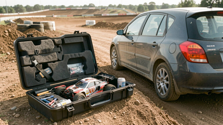 Voiture radiocommandée de course rangée dans une mallette de transport rembourrée, avec accessoires et circuit local en arrière-plan.