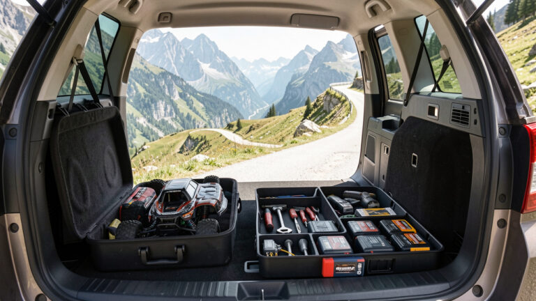 Voiture radiocommandée tout-terrain rangée dans une mallette rembourrée avec batteries et outils, dans le coffre d’un véhicule face aux paysages alpins de Savoie et de Haute-Savoie.