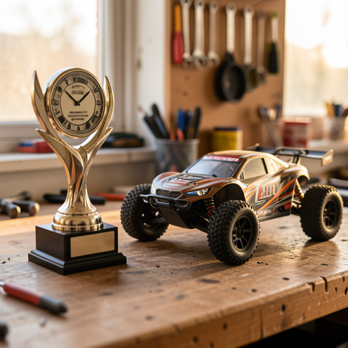 Vue réaliste d’un trophée de course télécommandée, avec une voiture RC tout-terrain et touring à côté, lumière dorée naturelle, ambiance sportive et documentaire.