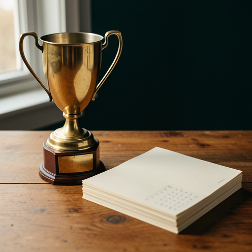 Vue rapprochée d’un trophée de course sur une table en bois, avec une page de calendrier vierge et des feuillets de règlement empilés, éclairage naturel doux et rendu photographique réaliste.