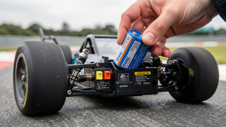 Photographie réaliste d’une voiture radiocommandée électrique sur piste, avec une batterie lithium en cours d’installation pour améliorer l’autonomie et les performances.