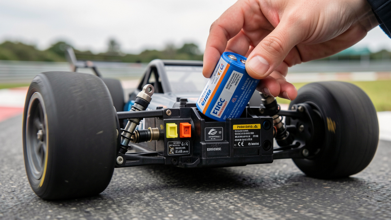 Photographie réaliste d’une voiture radiocommandée électrique sur piste, avec une batterie lithium en cours d’installation pour améliorer l’autonomie et les performances.