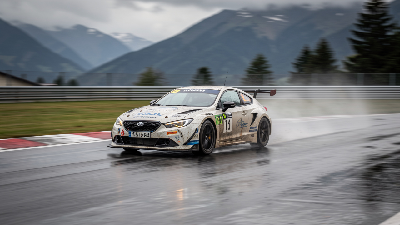 Voiture RC de compétition en pleine course sur un circuit extérieur, éclairage naturel et ambiance alpine en Savoie ou Haute-Savoie.