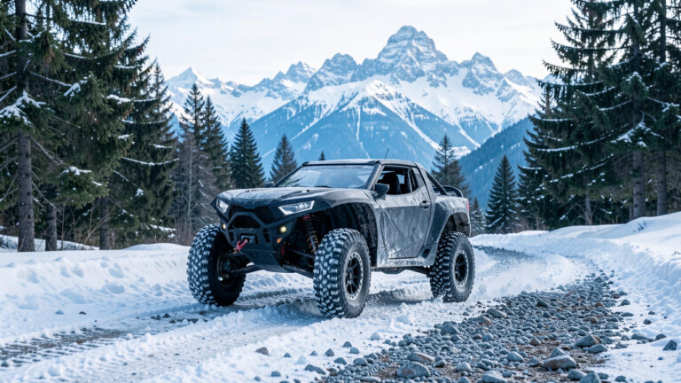 Voiture radiocommandée tout-terrain roulant sur un sentier froid et légèrement enneigé dans les Alpes de Savoie et de Haute-Savoie.