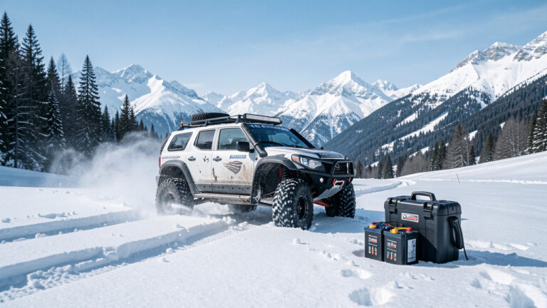 Voiture radiocommandée tout-terrain roulant dans la neige sur un sentier alpin enneigé, avec des batteries protégées du froid à proximité.